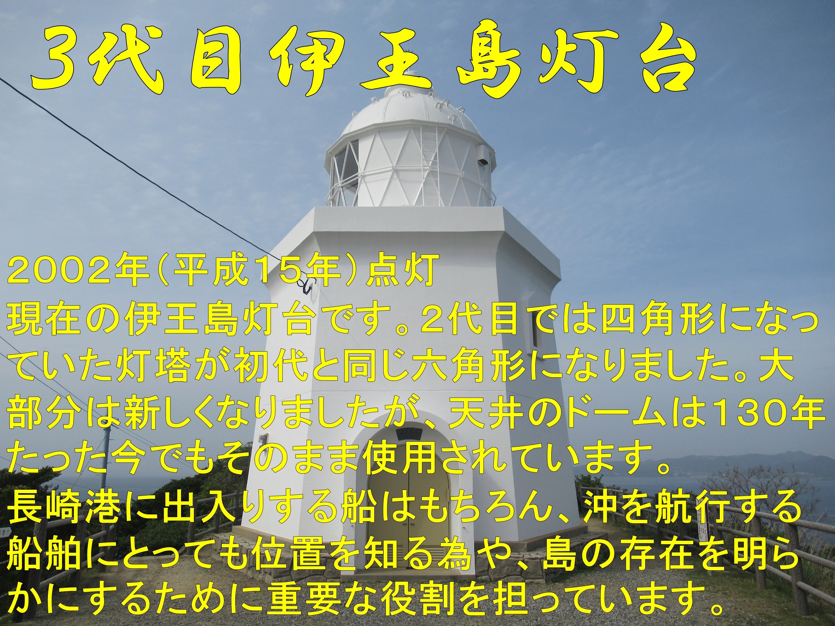 ３代目伊王島灯台　２００２年（平成１５年）点灯現在の伊王島灯台です。２代目では四角形になっていた灯塔が初代と同じ六角形になりました。大部分は新しくなりましたが、天井のドームは１３０年たった今でもそのまま使用されています。長崎港に出入りする船はもちろん、沖を航行する船舶にとっても位置を知る為や、島の存在を明らかにするために重要な役割を担っています。