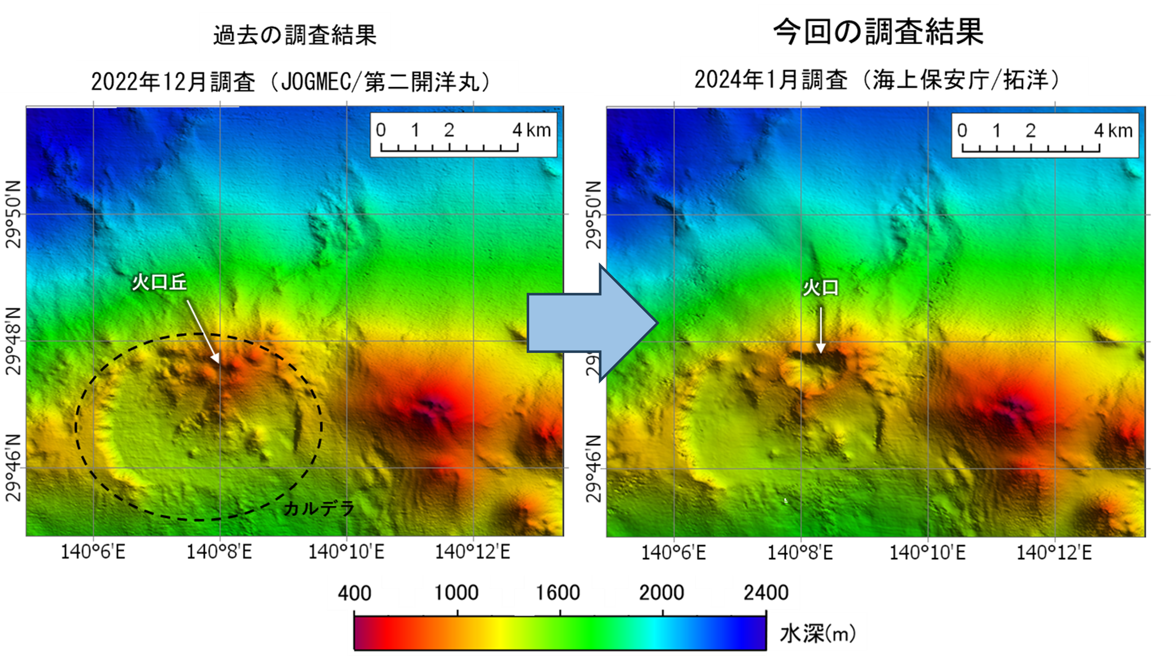  図2　2022年12月調査（左）と2024年1月調査（右）の海底地形図