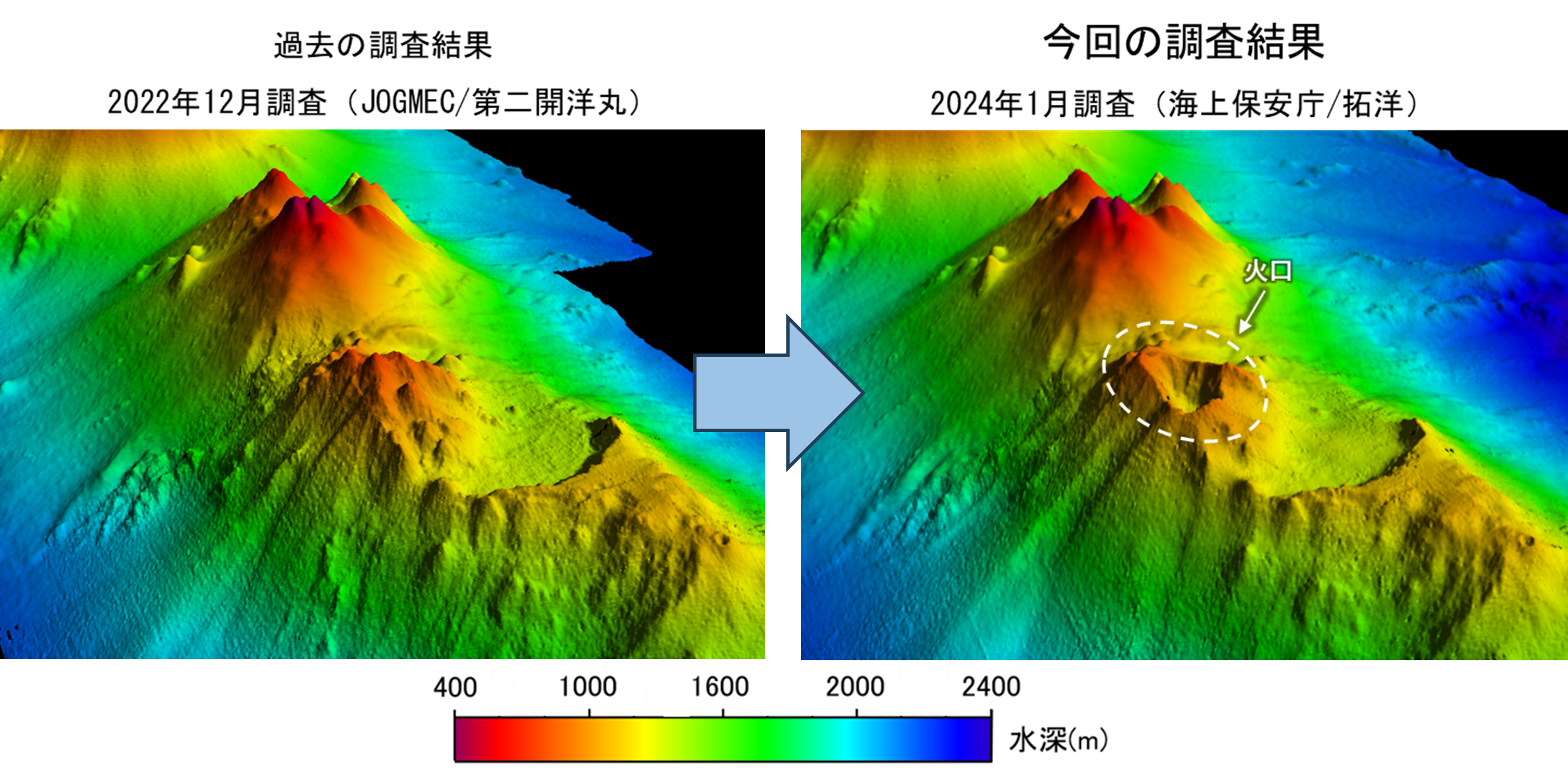 図3　2022年12月調査（左）と2024年1月調査（右）の鳥観図 
